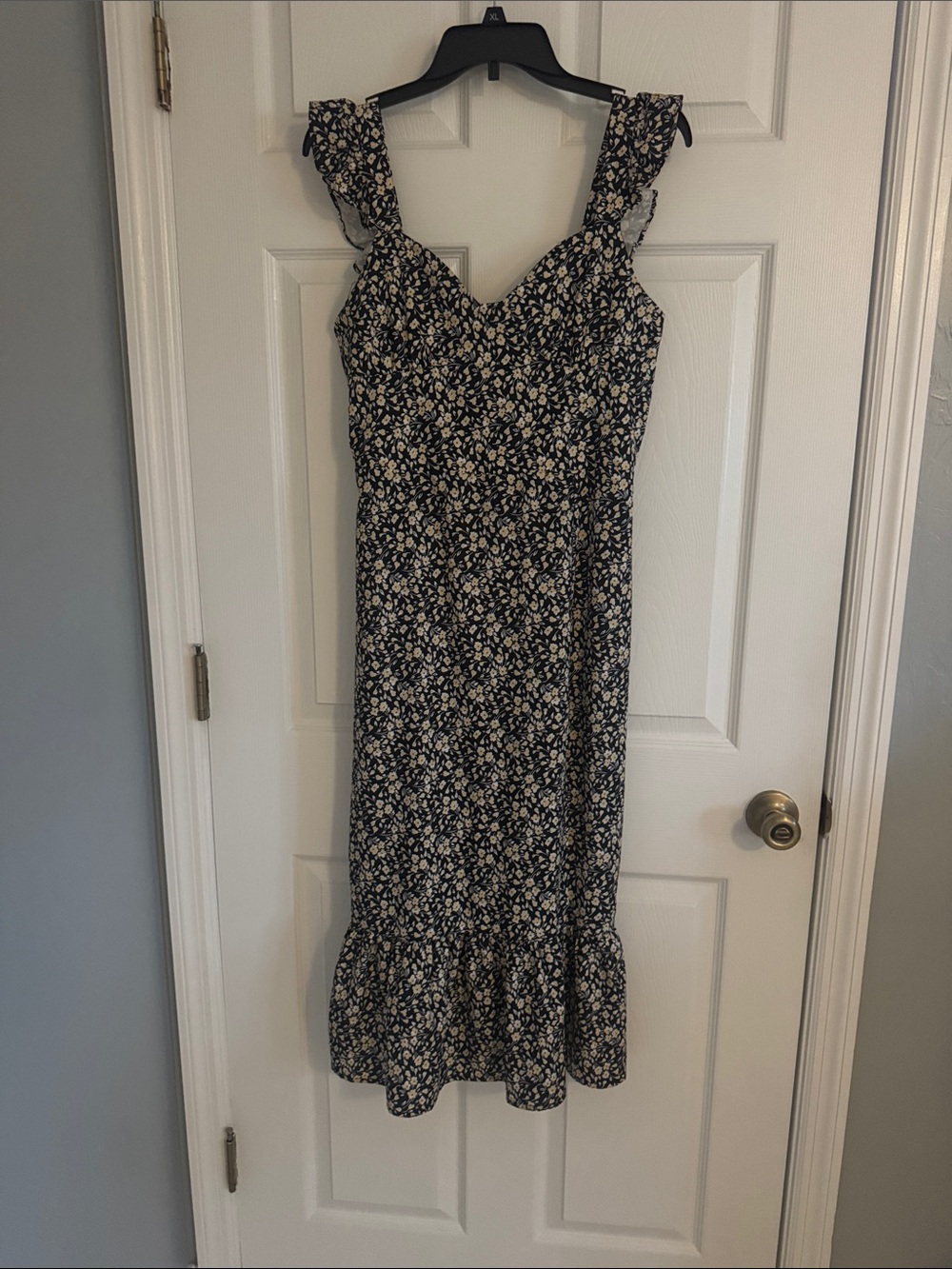 Navy Floral Ruffle-Strap Midi Dress